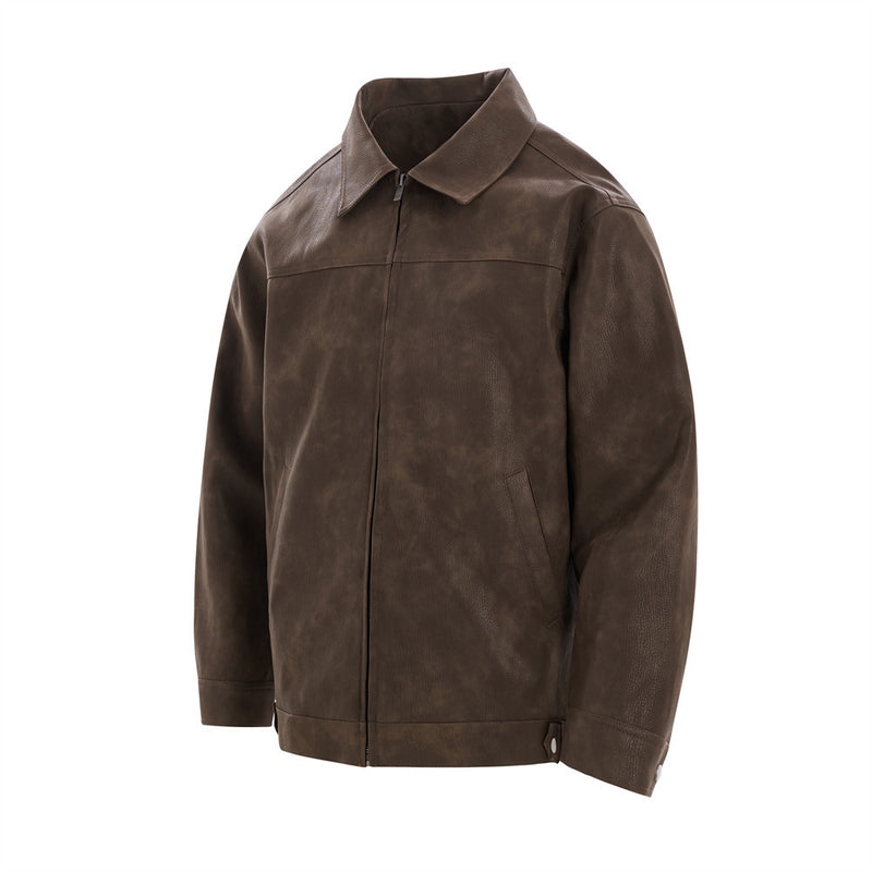 Men's Vintage Distressed PU Leather Zip-Up Jacket – Relaxed Fit Retro Street