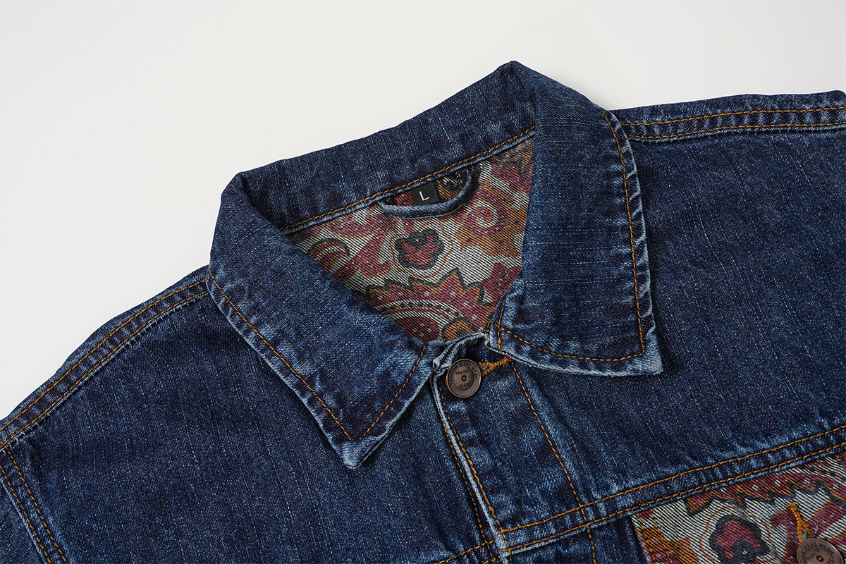 Veste en jean homme coupe boxy avec poches poitrine à motif cachemire – Délavage vintage