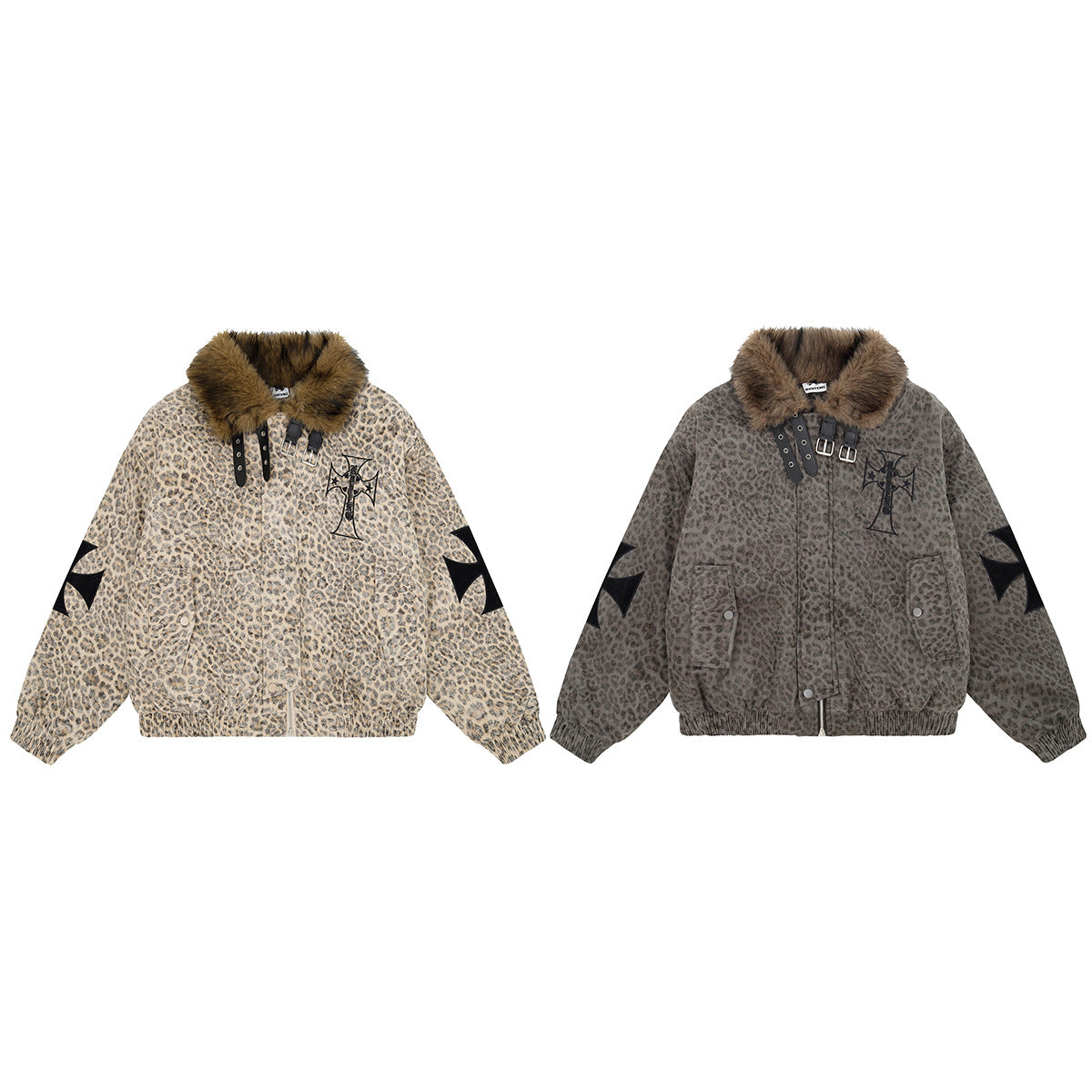Leopard Print Fur Collar Bomber Jacket with Quilted Lining