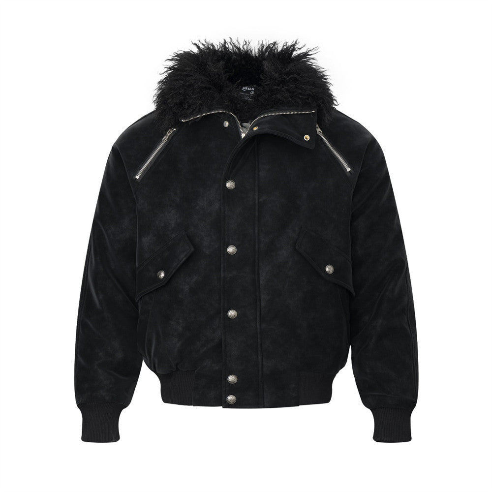 Men's black distressed PU suede bomber jacket with Mongolian lamb fur collar, silver concho snap buttons, and ribbed cuffs, s