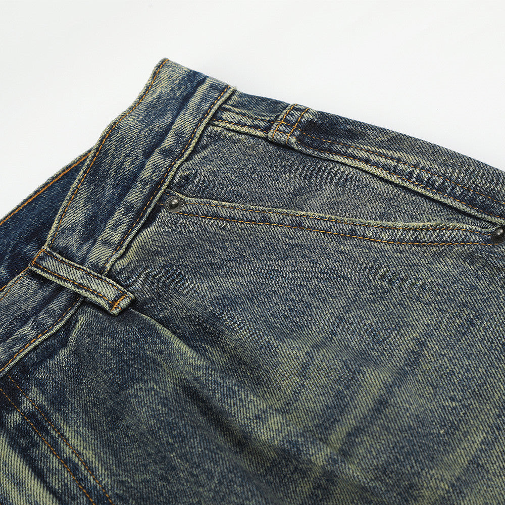 Wide-Leg Jeans Men's American Vintage Washed Distressed Denim Pants