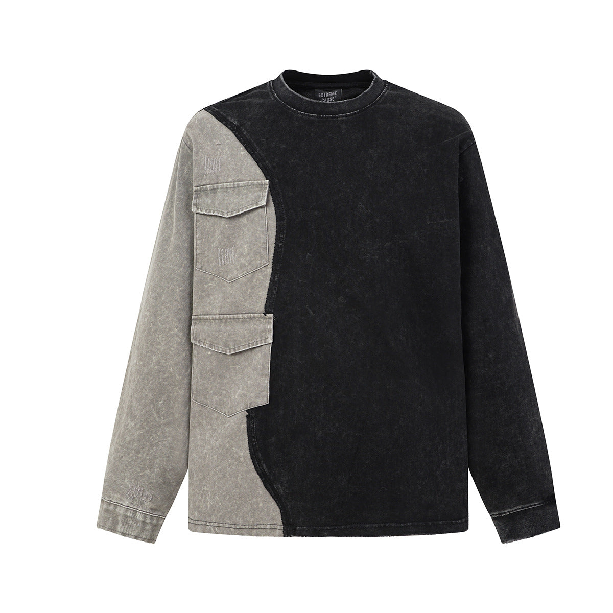 Acid Wash Colorblock Long Sleeve Sweatshirt with Cargo Pockets