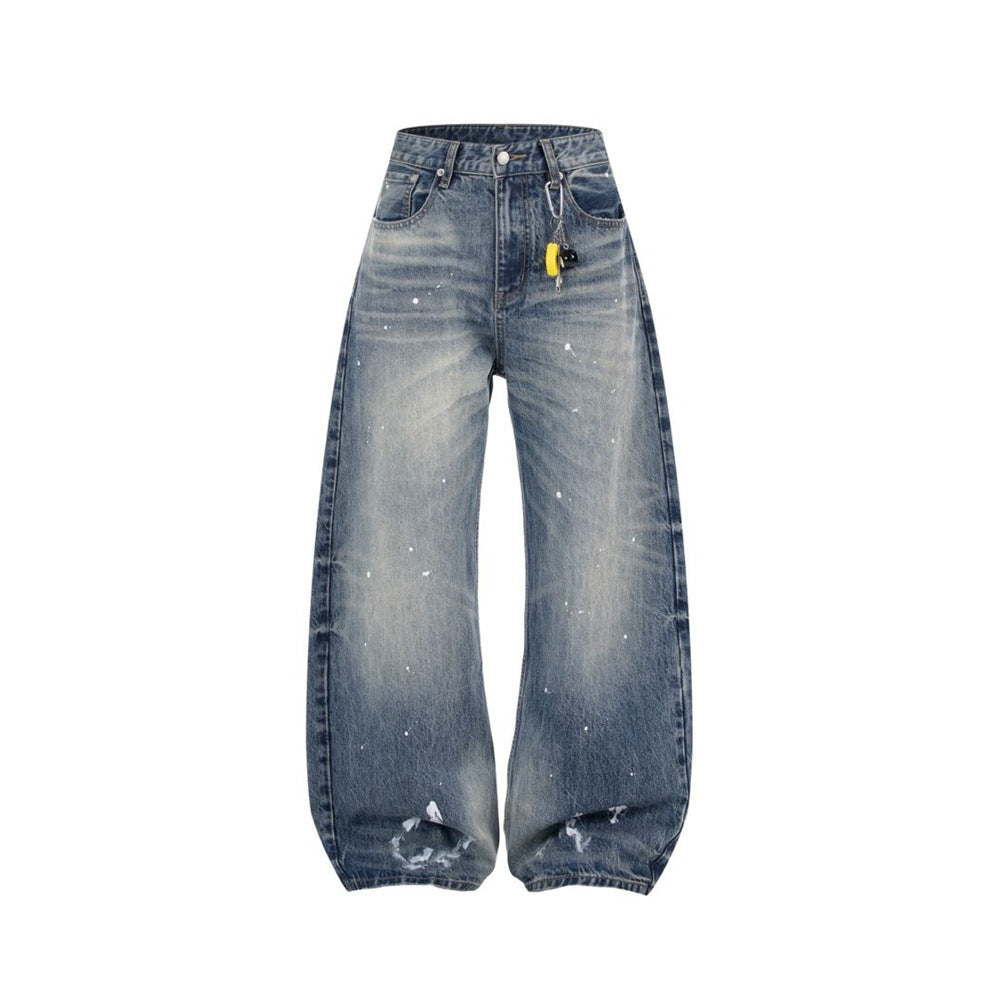 Wide-Leg Baggy Jeans – Vintage Wash, Paint Splatter & Distressed Hem
