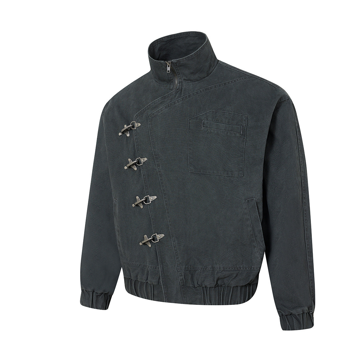 Metal Clasp Bomber Jacket – Washed Cotton Flight Jacket with Diagonal Buckle