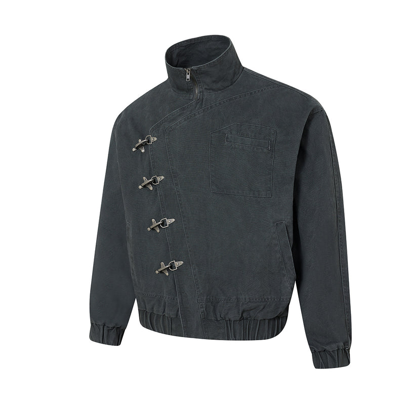 Metal Clasp Bomber Jacket – Washed Cotton Flight Jacket with Diagonal Buckle