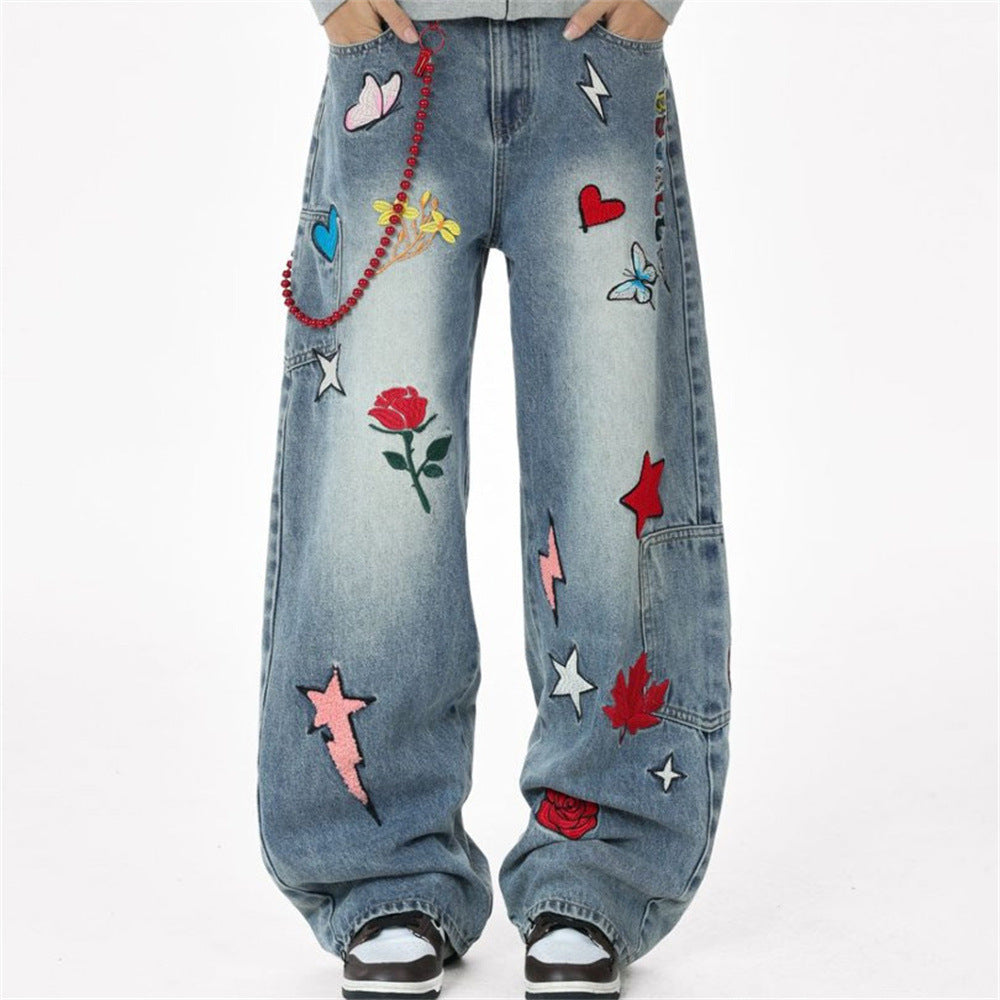 Wide-Leg Jeans with Embroidered Patches – Stars, Butterflies & Roses on Washed