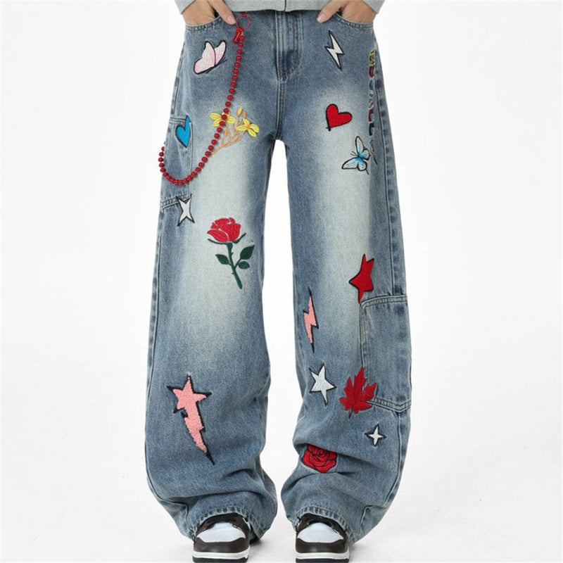 Wide-Leg Jeans with Embroidered Patches – Stars, Butterflies & Roses on Washed