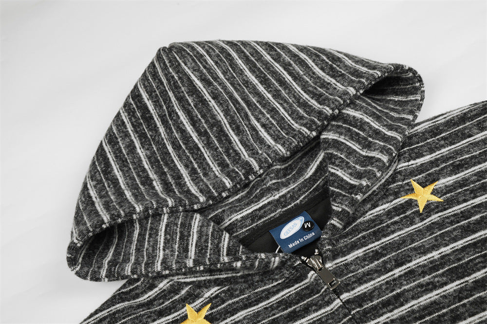 Striped Zip-Up Hoodie with Gold Star Embroidery – Relaxed Fit