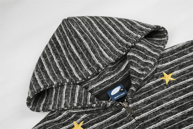 Striped Zip-Up Hoodie with Gold Star Embroidery – Relaxed Fit