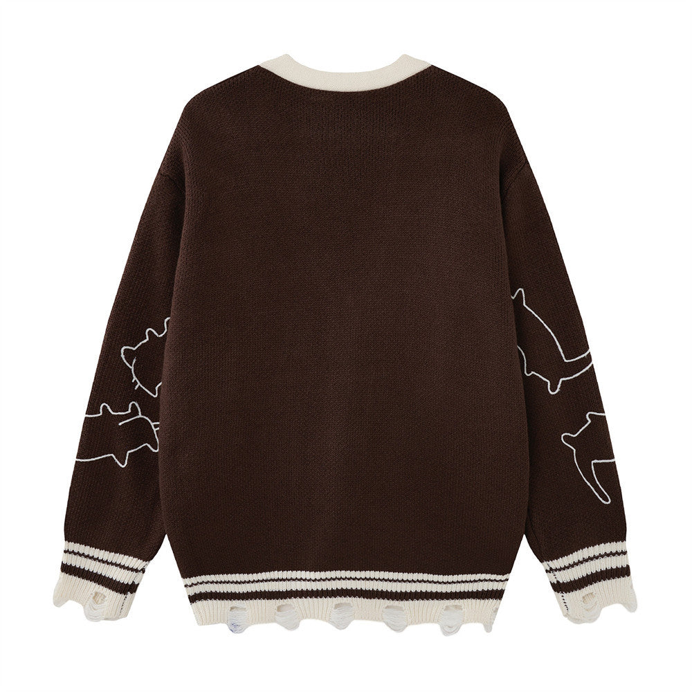 Gilet cardigan en maille motif contour de chat – Col V oversize boutonné avec finition effilochée