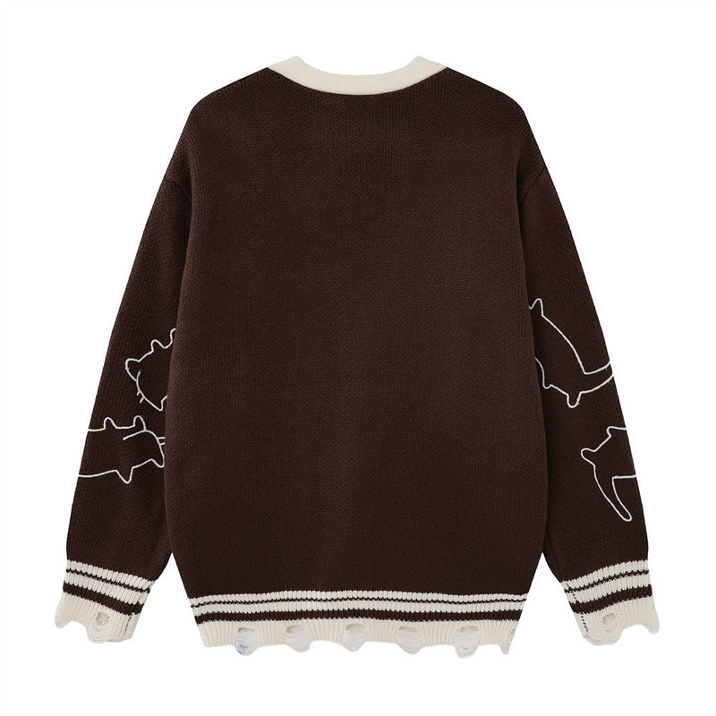 Gilet cardigan en maille motif contour de chat – Col V oversize boutonné avec finition effilochée