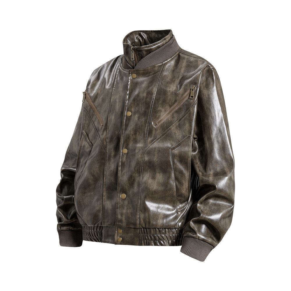 Men's Distressed Glossy PU Leather Bomber Jacket with Stand Collar & Diagonal