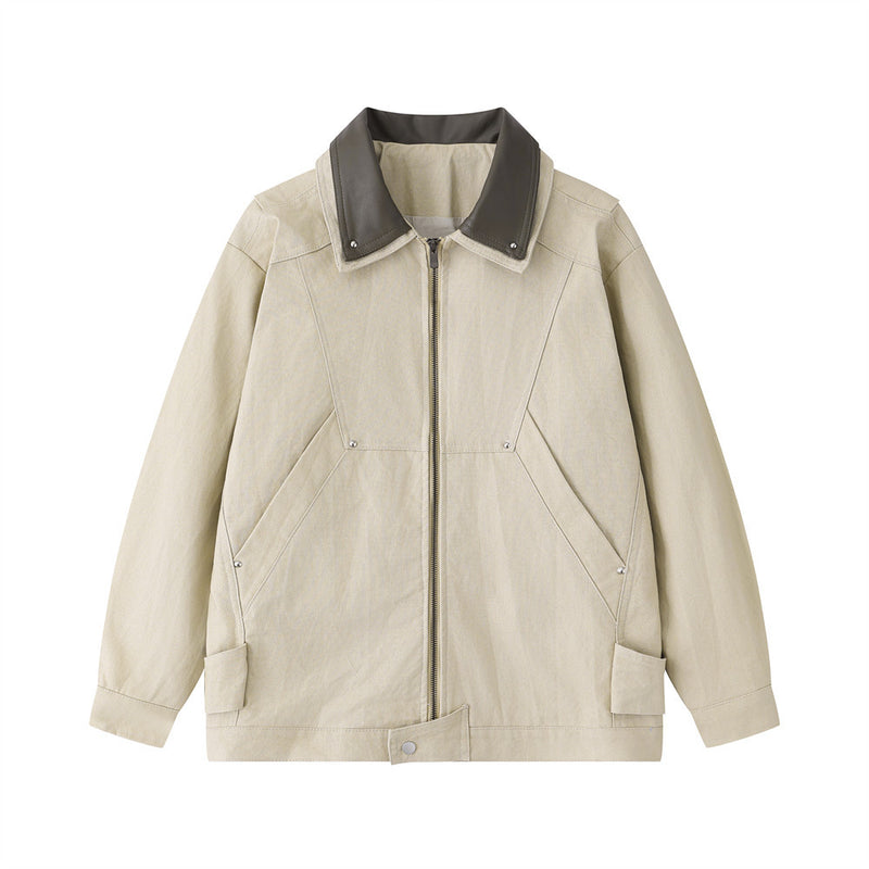 Herrenjacke im dekonstruierten Workwear-Stil – mit Reißverschluss, PU-Lederkragen und entspannter Passform