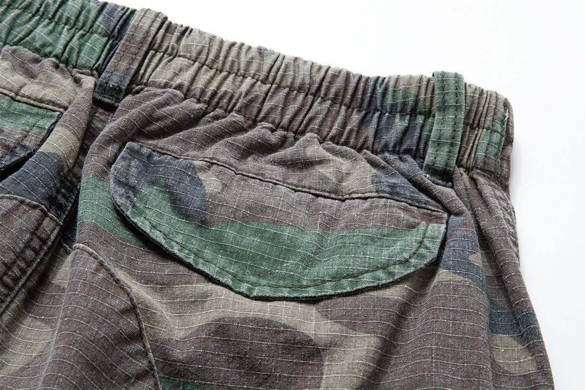 Woodland Camo Wide-Leg Cargo Pants – Washed Vintage Military Style