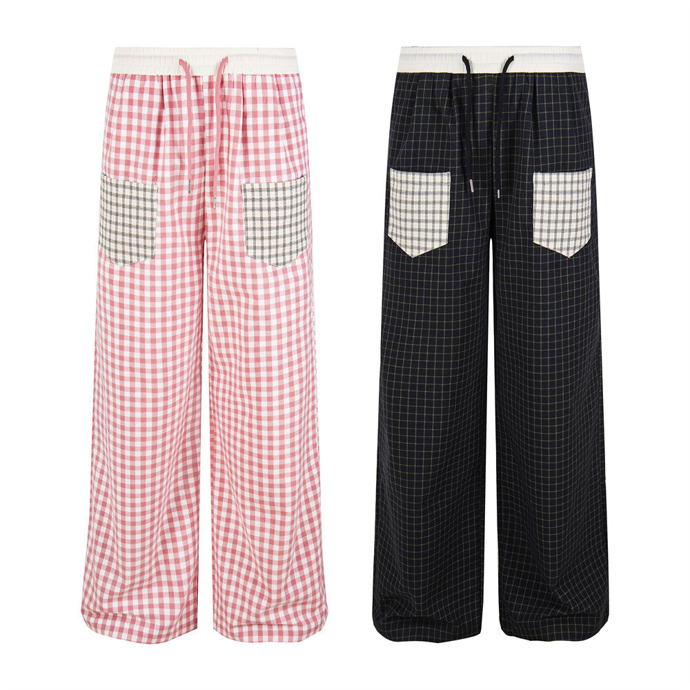 Contrast pocket plaid wide-leg drawstring pants in pink gingham and navy check, streetwear style