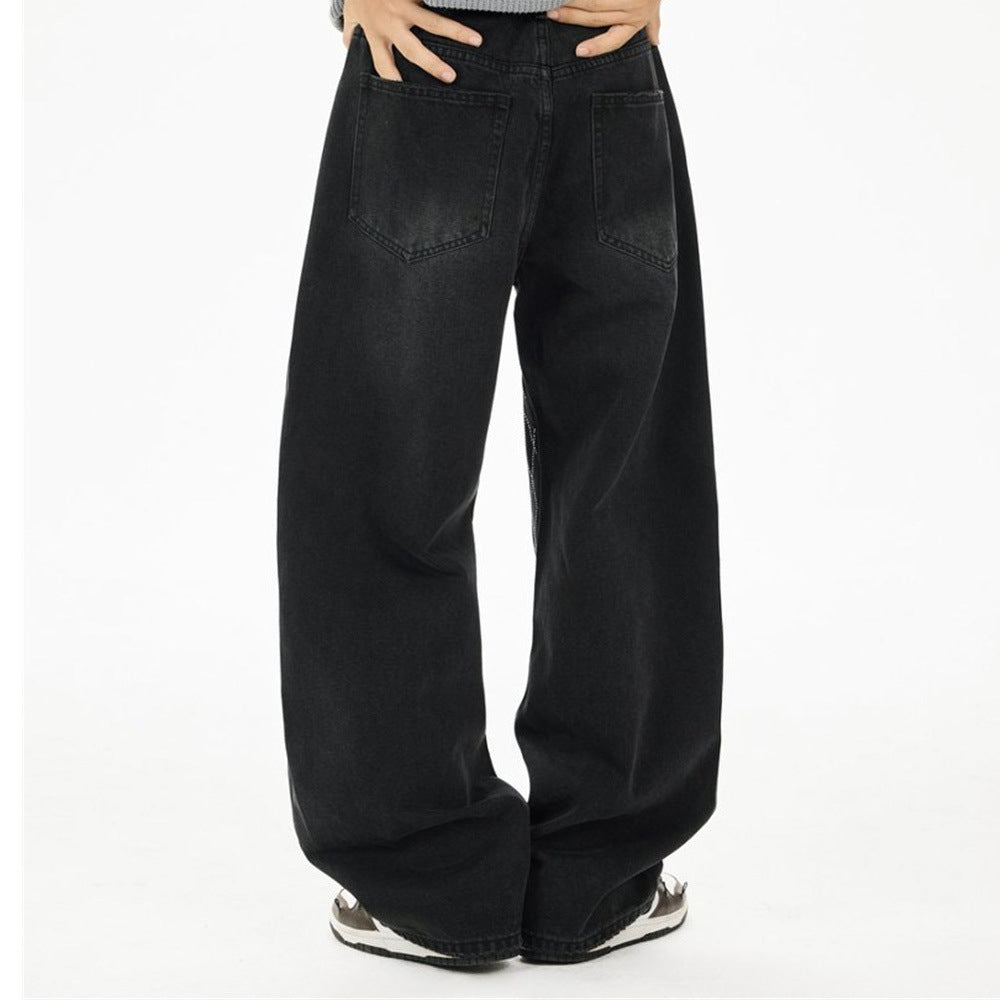 Back view of black wide-leg jeans with plain five-pocket design