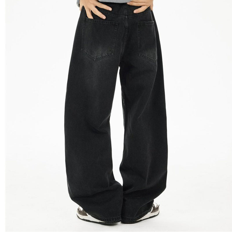Back view of black wide-leg jeans with plain five-pocket design