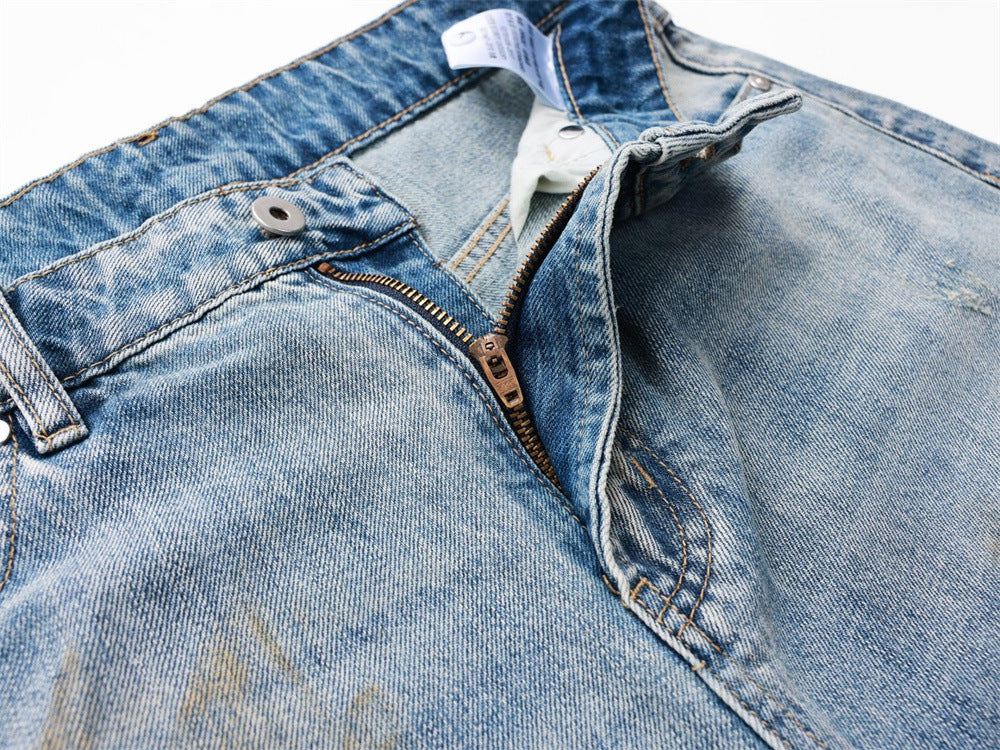 Ripped Wide-Leg Jeans – Men's Mud-Dye Distressed Straight Denim