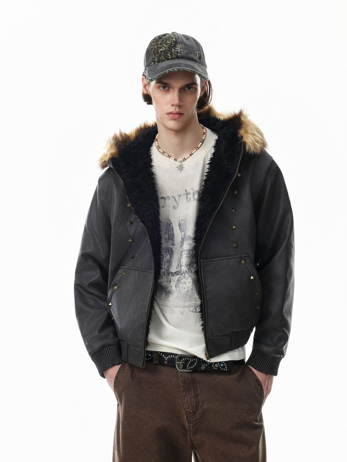 Leather Jacket Fur Collar Studded Hooded Bomber Jacket with Fleece Lining