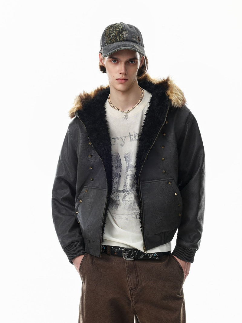 Leather Jacket Fur Collar Studded Hooded Bomber Jacket with Fleece Lining