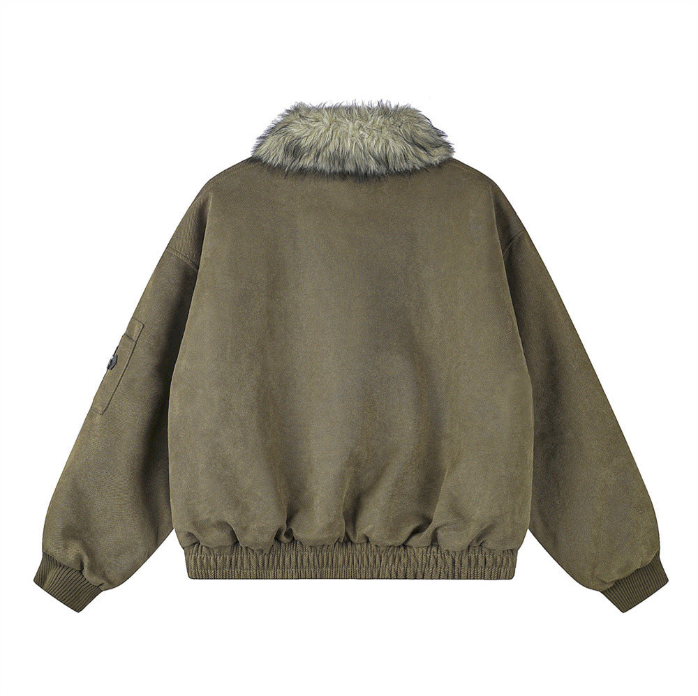 Veste homme doublée sherpa, bomber à col en fourrure avec écusson croix et détails à boucle