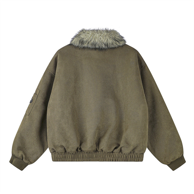 Veste homme doublée sherpa, bomber à col en fourrure avec écusson croix et détails à boucle