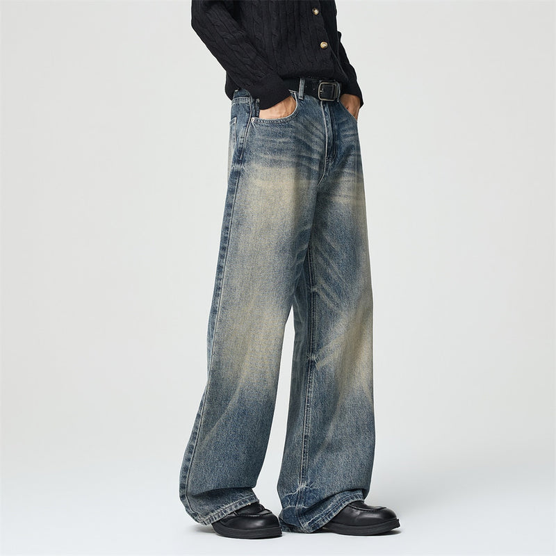 Men's Wide-Leg Baggy Jeans – Vintage Washed Straight Fit Denim