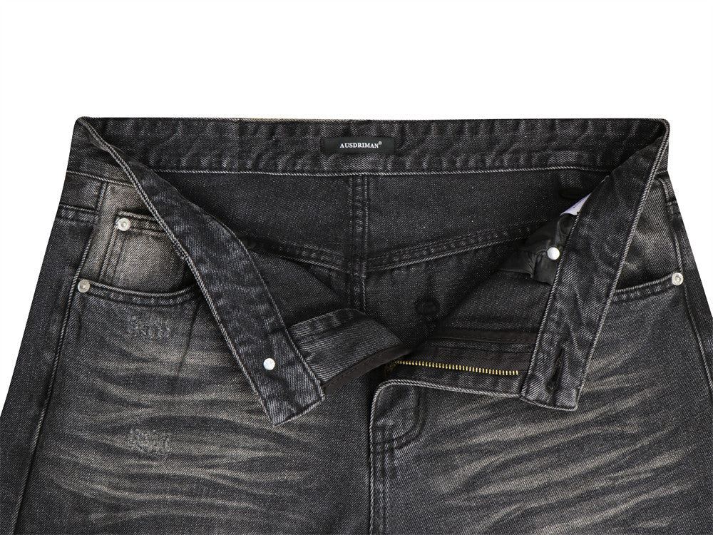 Vaqueros flare negros lavados para hombre – Denim de pierna ancha desgastado con detalle de bigotes