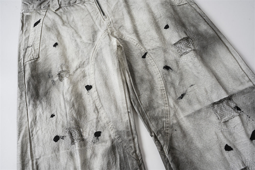 Distressed Wide-Leg Jeans | Grunge Punk Dirty-Wash Double Waistband Pants