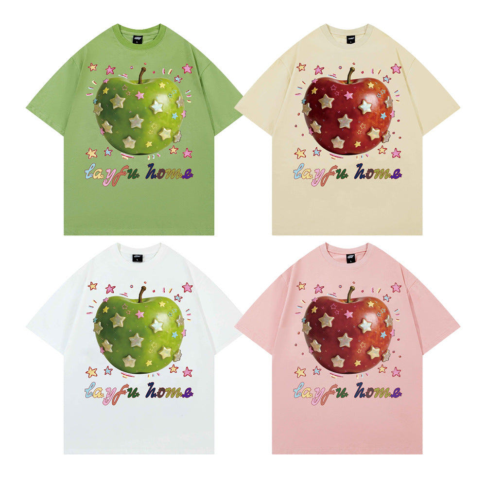 Camiseta de cuello redondo para mujer con gráfico 3D de estrella y manzana, manga corta