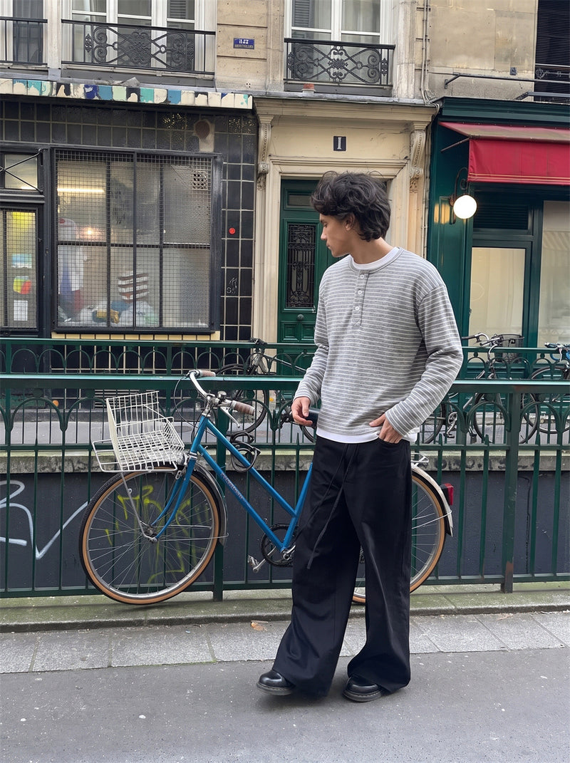 メンズ ストライプ ヘンリーネック長袖シャツ｜フェイクレイヤード リラックスフィット