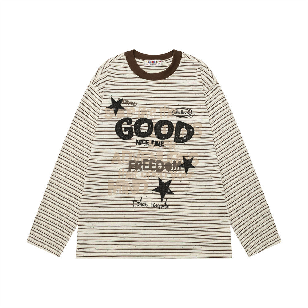 Cremefarbenes gestreiftes Langarmshirt mit GOOD- und FREEDOM-Schriftzug, Used-Sternmotiven und kontrastfarbenen braunen Rippbündchen