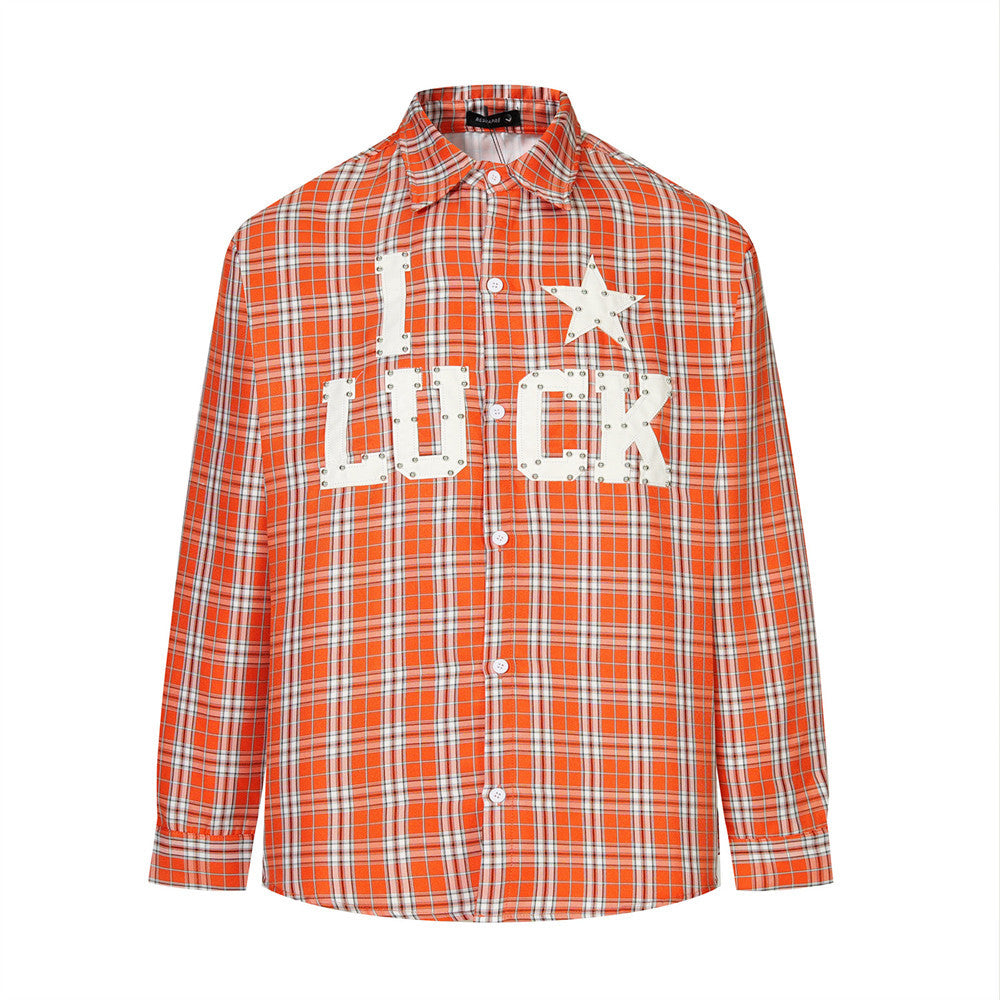 Men's Plaid Long Sleeve Shirt with LUCK Star Letter Patch