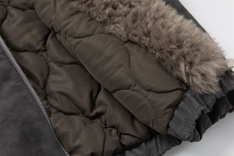 Veste bomber à capuche – Similicuir effet usé, col en fausse fourrure et garnissage matelassé