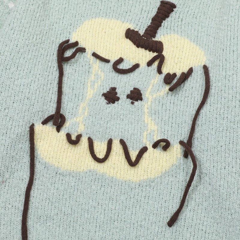 Cartoon Jacquard Crewneck Knit Sweater with Fringe Detail