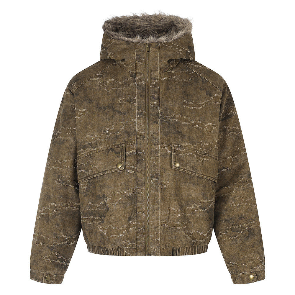 Gewaschene Denim-Pufferjacke mit Kapuze und Kunstfellbesatz – Used-Camo-Stitching