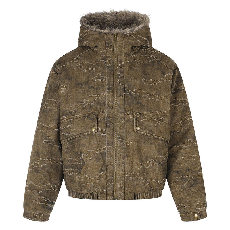 Gewaschene Denim-Pufferjacke mit Kapuze und Kunstfellbesatz – Used-Camo-Stitching