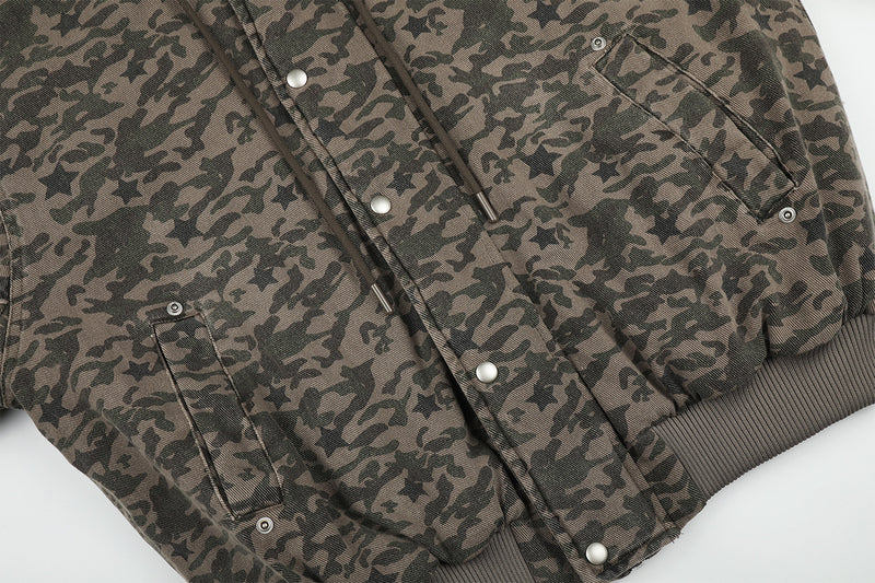 Camouflage Star-Print Padded Bomber Jacket with Faux Fur Hood