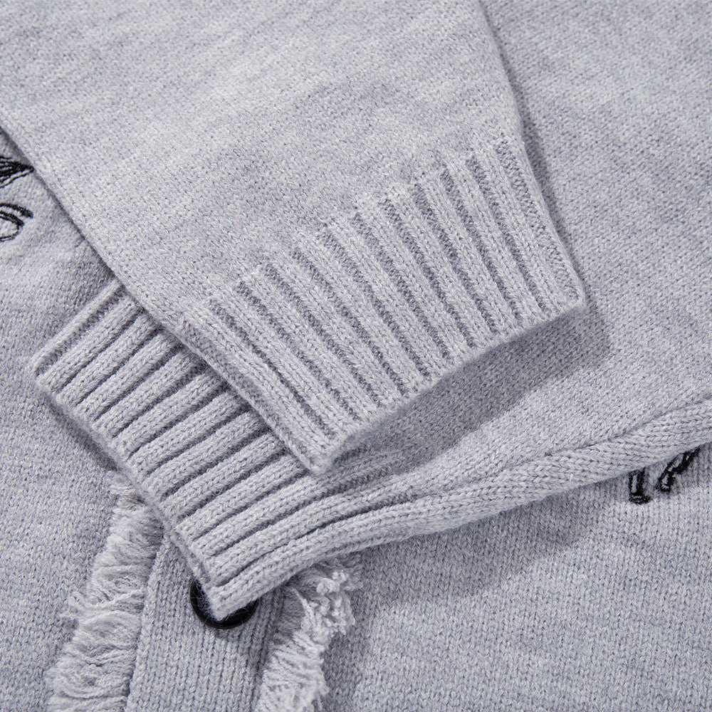Oversized Knit Cardigan Sweater with Gothic Graphic Embroidery and Fringe Trim