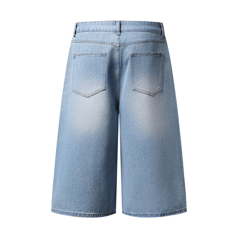 Wide-Leg Rhinestone Denim Shorts – Vintage Washed Straight-Cut Bermuda