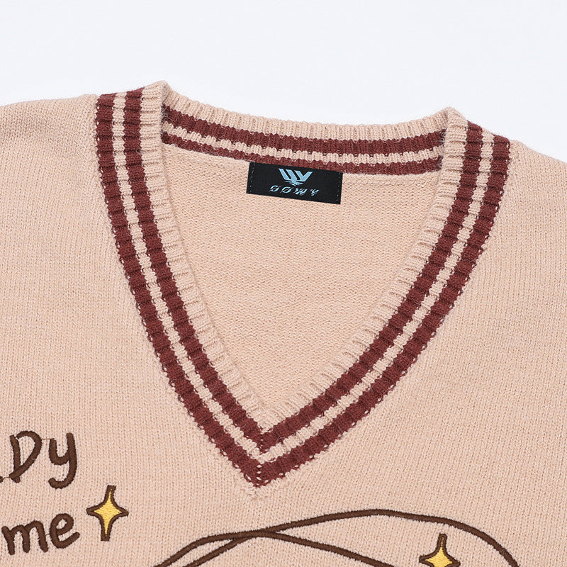 V-Neck Sweater Vests – Cute Dog Clock Jacquard Knit Preppy Style