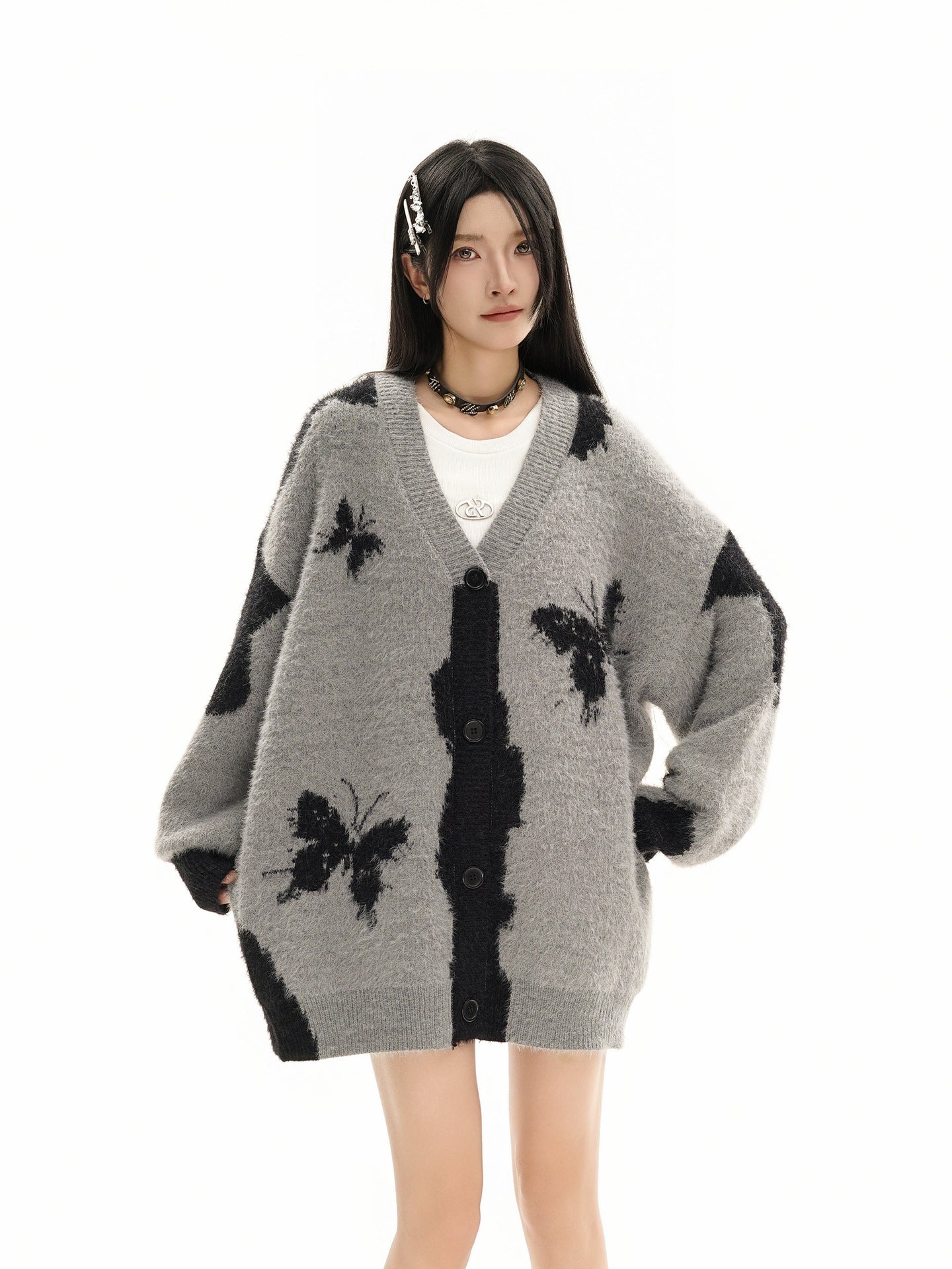 Gilet cardigan en maille jacquard papillon – Col V oversize, maille couple