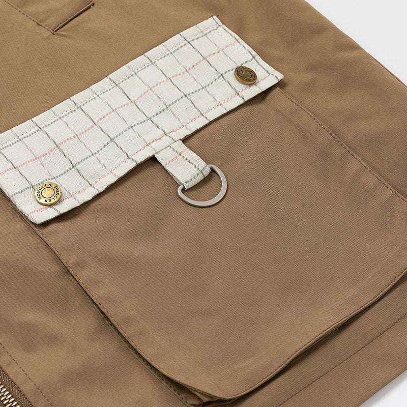 Men's Cargo Zip Jacket with Plaid Contrast Collar and Patch Pockets — Khaki