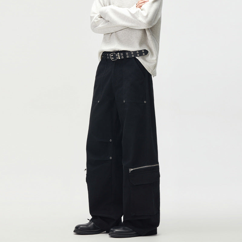 Black Men's Cargo Pants Wide-Leg Multi-Pocket Straight Trousers with Zipper