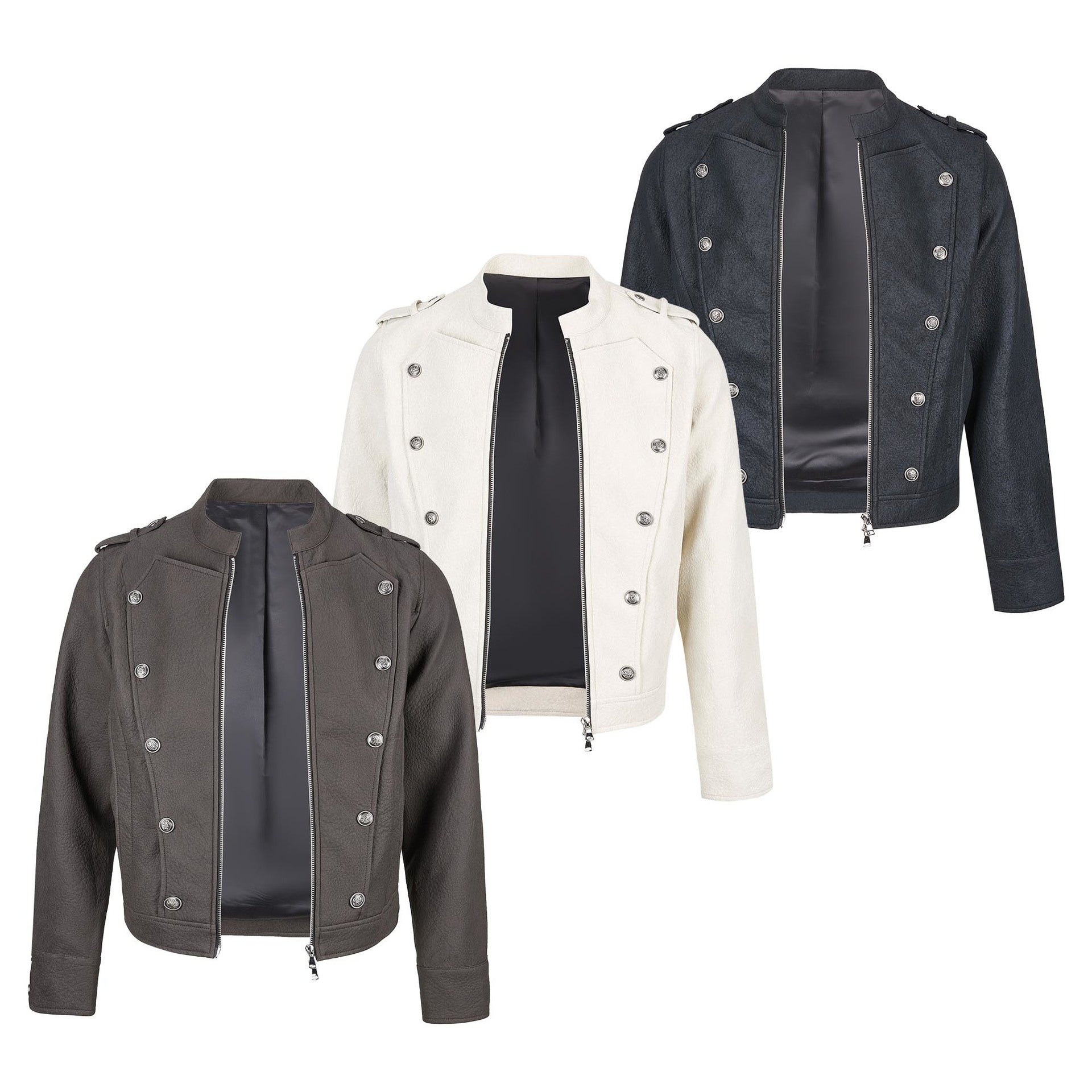 Military-Style Faux Leather Jacket with Double-Breasted Buttons & Zip Front