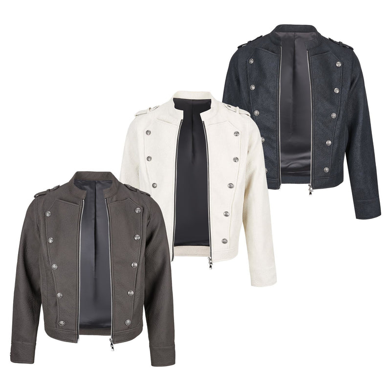 Military-Style Faux Leather Jacket with Double-Breasted Buttons & Zip Front
