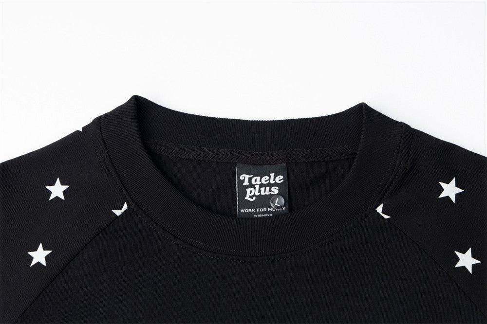 T-shirt noir à manches longues raglan, imprimé étoile – T-shirt homme graphique hip-hop