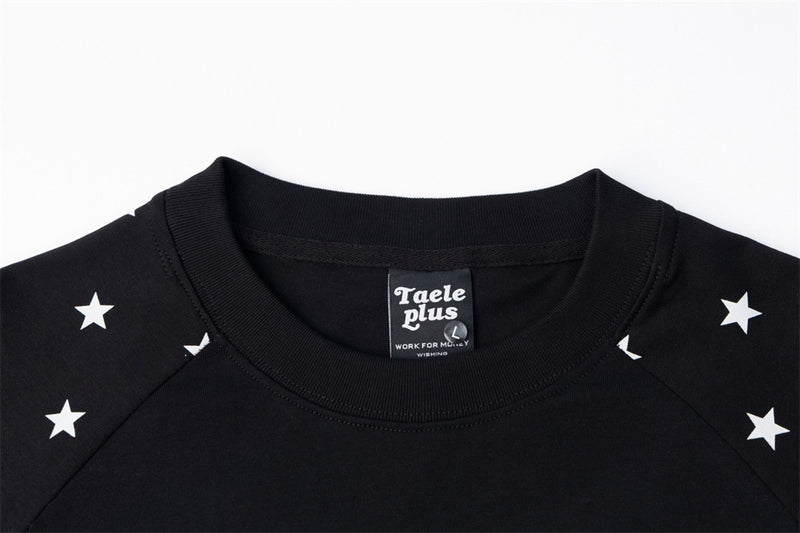 T-shirt noir à manches longues raglan, imprimé étoile – T-shirt homme graphique hip-hop