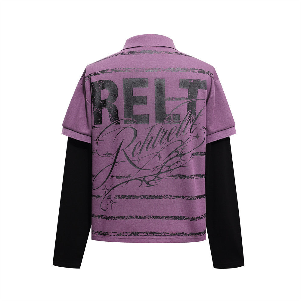 Men's Graphic Print Polo Layered Long-Sleeve Shirt – Streetwear Hip-Hop Style