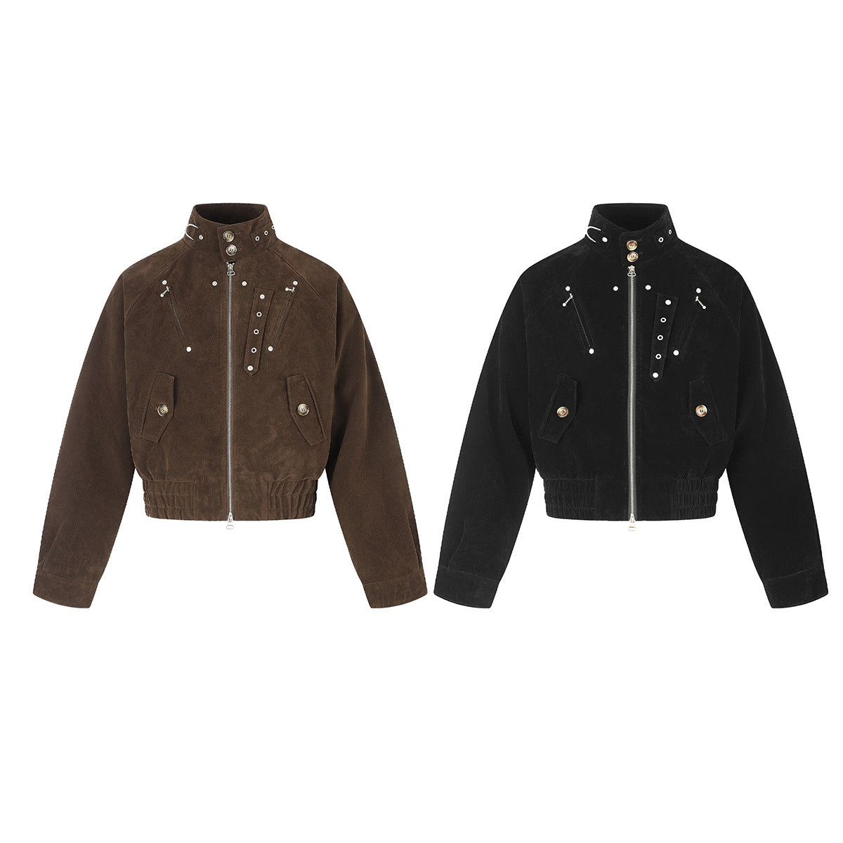Blouson bomber court en suédine marron profond, avec clous et œillets métalliques, vue de face